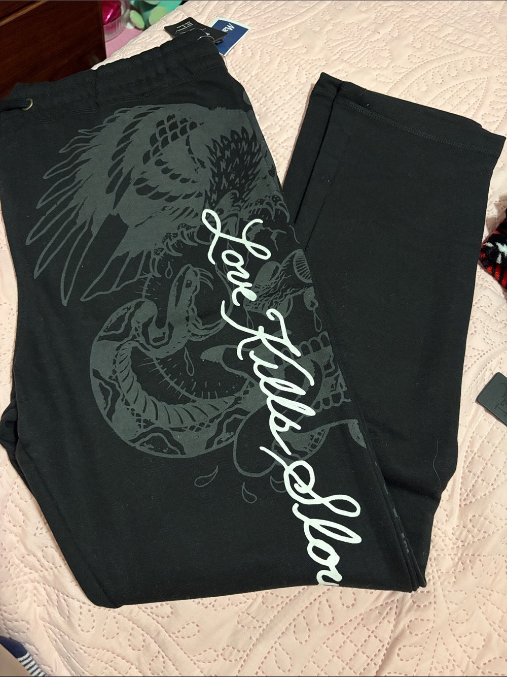 Ed Hardy Black Sweatpants with Gray Graphic and White Script